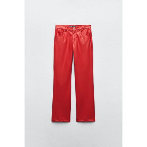 Red Zara Faux Leather High-Waisted Straight Leg Pants (NWT) - Picture 4 of 7